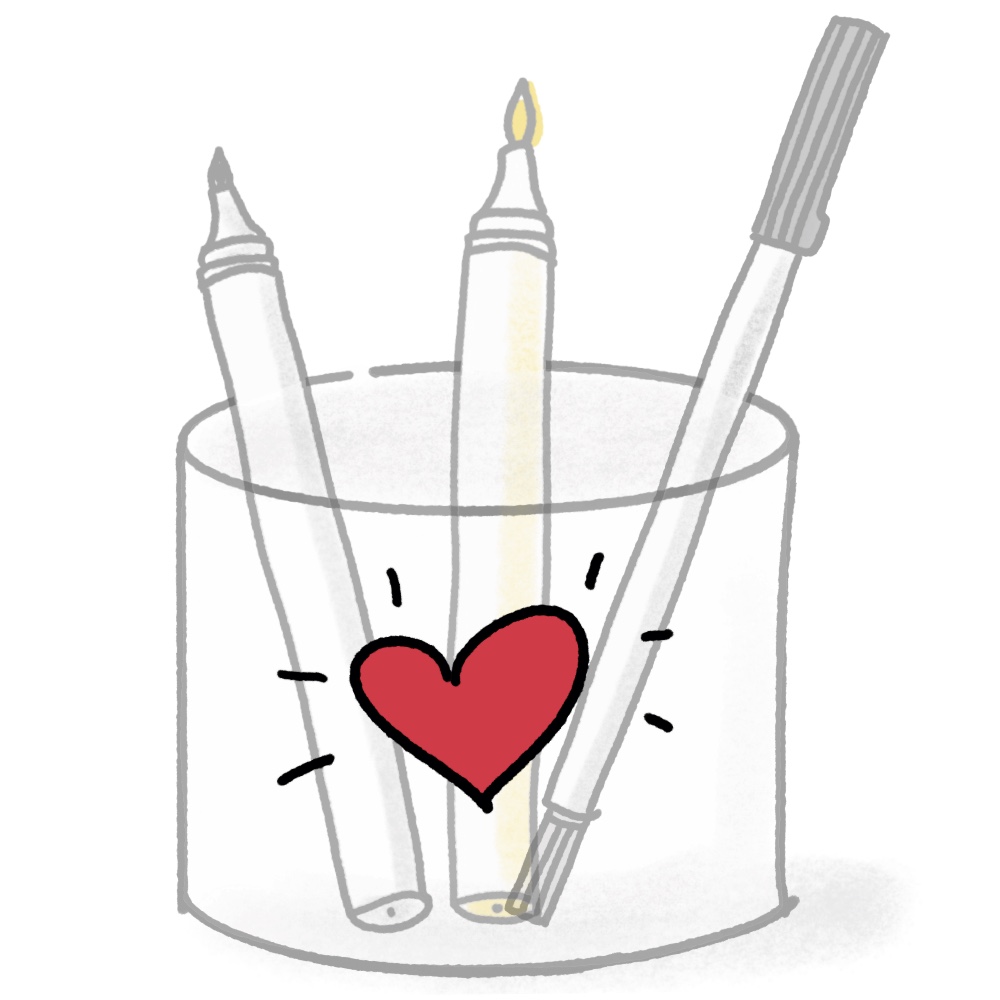 Zeichnung von drei in grau gezeichneten Stiften, die in einem Becher stehen. Ein kräftig leuchtendes, rotes Herz ist darüber gezeichnet.